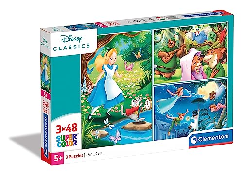 Clementoni 25267 Supercolor Disney Classic – Puzzle 3 x 48 Teile ab 4 Jahren, buntes Kinderpuzzle mit besonderer Leuchtkraft & Farbintensität, Geschicklichkeitsspiel für Kinder von Clementoni