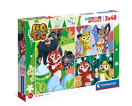 Clementoni 25270 Leo & Tig Supercolor Puzzle Tig-3X48 Teile Ab 4 Jahren, buntes Kinderpuzzle mit besonderer Leuchtkraft & Farbintensität, Geschicklichkeitsspiel für Kinder, Mehrfarbig, One Size von Clementoni