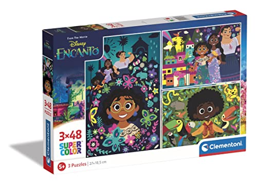Clementoni - 25286 - Supercolor Puzzle - Disney Encanto - 3 Puzzle mit 48 Teile Ab 5 Jahren, Buntes Kinderpuzzle Mit Besonderer Leuchtkraft & Farbintensität, Geschicklichkeitsspiel Für Kinder von Clementoni
