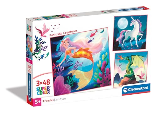 Clementoni Fantastic Creatures Puzzle 3 x 48 Teile - Puzzle 32 x 22 cm für Kinder ab 5 Jahre - buntes Kinderpuzzle mit besonderer Leuchtkraft & Farbintensität 25319 von Clementoni