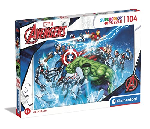 Clementoni 25744 Supercolor Marvel Avengers-Puzzle 104 Teile Ab 6 Jahren, buntes Kinderpuzzle mit besonderer Leuchtkraft & Farbintensität, Geschicklichkeitsspiel für Kinder, Mehrfarbig von Clementoni
