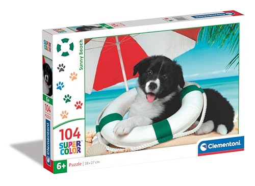 Clementoni 25767 Supercolor Sunny Beach – 104 Teile Kinder 6 Jahre, Puzzle für Hunde, Tiere, hergestellt in Italien, Mehrfarbig von Clementoni