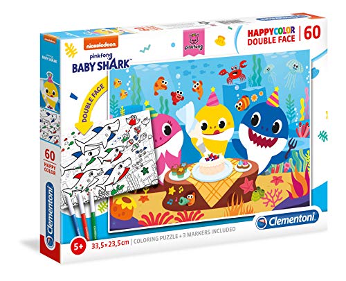 Clementoni 26095 Happy Color Double Face Baby Shark – Puzzle 60 Teile ab 5 Jahren, doppelseitiges Kinderpuzzle mit Bild zum Ausmalen, inkl. 3 Filzstiften, Denkspiel für Kinder Clementoni 26095 Happy Color Double Face Baby Shark – Puzzle 60 Teile ab 5 Jahren, doppelseitiges Kinderpuzzle mit Bild zum Ausmalen, inkl. 3 Filzstiften, Denkspiel für Kinder von Clementoni