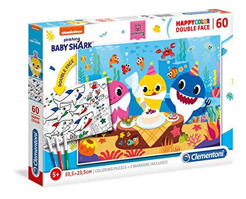 Clementoni 26095 Happy Color Double Face Baby Shark – Puzzle 60 Teile ab 5 Jahren, doppelseitiges Kinderpuzzle mit Bild zum Ausmalen, inkl. 3 Filzstiften, Denkspiel für Kinder von Clementoni
