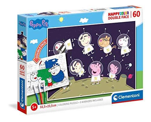 Clementoni 26096 Happy Color Double Face Peppa Pig – Puzzle 60 Teile ab 5 Jahren, doppelseitiges Kinderpuzzle mit Bild zum Ausmalen, inkl. 3 Filzstiften, Denkspiel für Kinder von Clementoni
