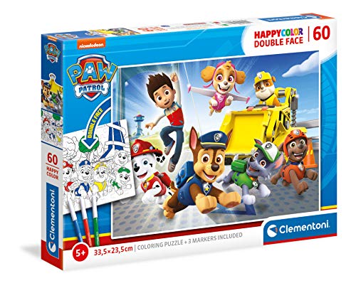 Clementoni 26097 Happy Color Double Face Paw Patrol – Puzzle 60 Teile ab 5 Jahren, doppelseitiges Kinderpuzzle mit Bild zum Ausmalen, inkl. 3 Filzstiften, Denkspiel für Kinder von Clementoni