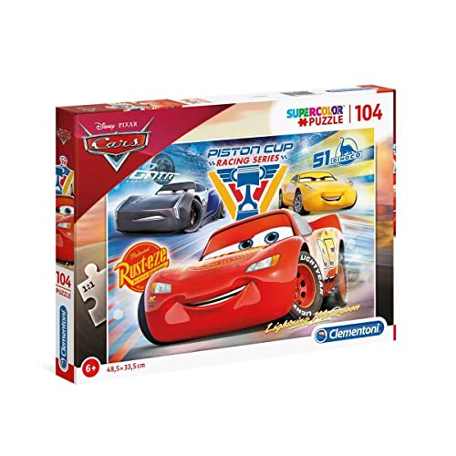 Clementoni 27072 Supercolor Cars 3 – Puzzle 104 Teile ab 6 Jahren, buntes Kinderpuzzle mit besonderer Leuchtkraft & Farbintensität, Geschicklichkeitsspiel für Kinder von Clementoni