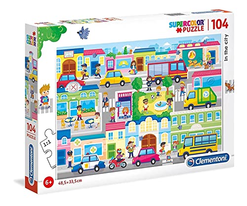 Clementoni 27114 Supercolor In der Stadt – Puzzle 104 Teile ab 6 Jahren, buntes Kinderpuzzle mit besonderer Leuchtkraft & Farbintensität, Geschicklichkeitsspiel für Kinder von Clementoni