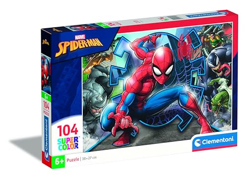 Clementoni 27116 Supercolor Spiderman – Puzzle 104 Teile ab 6 Jahren, buntes Kinderpuzzle mit besonderer Leuchtkraft & Farbintensität, Geschicklichkeitsspiel für Kinder von Clementoni