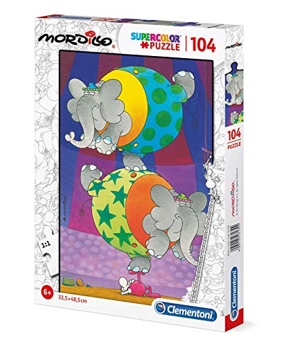 Clementoni 27134 Supercolor Mordillo Balance – Puzzle 104 Teile ab 6 Jahren, buntes Kinderpuzzle mit besonderer Leuchtkraft & Farbintensität, Geschicklichkeitsspiel für Kinder von Clementoni