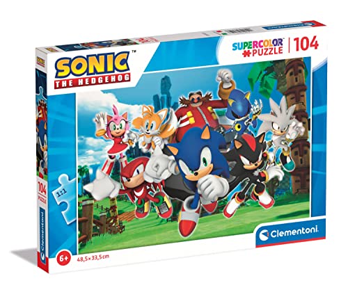 Clementoni 27159 Sonic Supercolor Sonic-104 Puzzle 104 Teile Ab 6 Jahren, buntes Kinderpuzzle mit besonderer Leuchtkraft & Farbintensität, Geschicklichkeitsspiel für Kinder, Mehrfarbig von Clementoni
