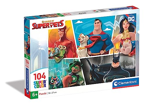 Clementoni 27172 Supercolor Dc Superpets-Puzzle 104 Teile Ab 6 Jahren, buntes Kinderpuzzle mit besonderer Leuchtkraft & Farbintensität, Geschicklichkeitsspiel für Kinder, Mehrfarbig von Clementoni