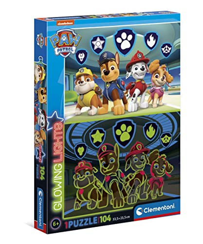 Clementoni 27176 Glowing Lights-Paw Patrol-Puzzle 104 Teile Ab 6 Jahren, Buntes Kinderpuzzle Mit Besonderer Leuchtkraft & Farbintensität, Geschicklichkeitsspiel Für Kinder von Clementoni