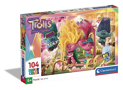 Clementoni 27268 Supercolor Trolls 3-Puzzle 104 Teile Ab 6 Jahren, Buntes Kinderpuzzle Mit Besonderer Leuchtkraft & Farbintensität, Geschicklichkeitsspiel Für Kinder von Clementoni