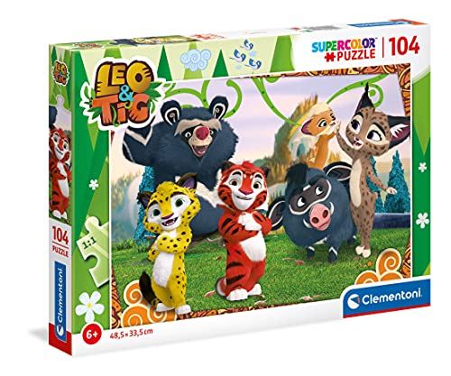 Clementoni 27546 Supercolor Leo & Tig-Puzzle 104 Teile Ab 6 Jahren, buntes Kinderpuzzle mit besonderer Leuchtkraft & Farbintensität, Geschicklichkeitsspiel für Kinder, Mehrfarbig, One Size von Clementoni