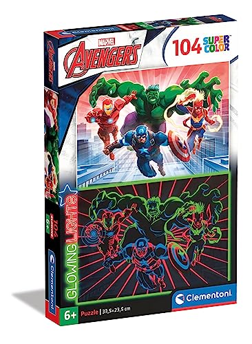 Clementoni - 27554 - Supercolor Puzzle Glowing Lights Marvel Avengers - Puzzle 104 Teile Ab 6 Jahren, buntes Kinderpuzzle mit besonderer Leuchtkraft & Farbintensität, Geschicklichkeitsspiel für Kinder von Clementoni