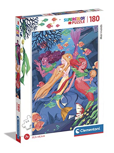 Clementoni 29307 Supercolor Meerjungfrauen – Puzzle 180 Teile ab 7 Jahren, buntes Kinderpuzzle mit besonderer Leuchtkraft & Farbintensität, Geschicklichkeitsspiel für Kinder von Clementoni