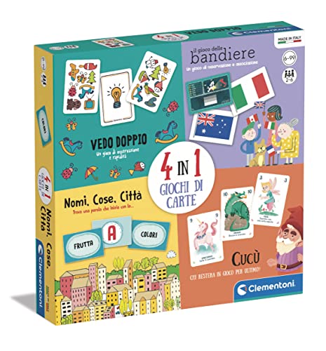 Clementoni - 4 in 1 Kartenspiele für Kinder ab 6 Jahren und Familie, Packung mit Doppelsehen, Namen Cose Städte, Kuckuck und Flaggenspiel, 2-6 Spieler, Made in Italy, italienische Sprache, 16720 Clementoni - 4 in 1 Kartenspiele für Kinder ab 6 Jahren und Familie, Packung mit Doppelsehen, Namen Cose Städte, Kuckuck und Flaggenspiel, 2-6 Spieler, Made in Italy, italienische Sprache, 16720 von Clementoni