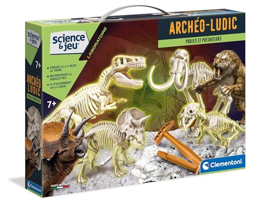 Clementoni Archeo Ludic Set – Beute und Raubtiere Kinder 7 Jahre + | Wissenschaftliches Geschenk | Paläontologie-Set mit Skeletten, die im Dunkeln leuchten | pädagogische Aktivität | Augmented Reality von Clementoni