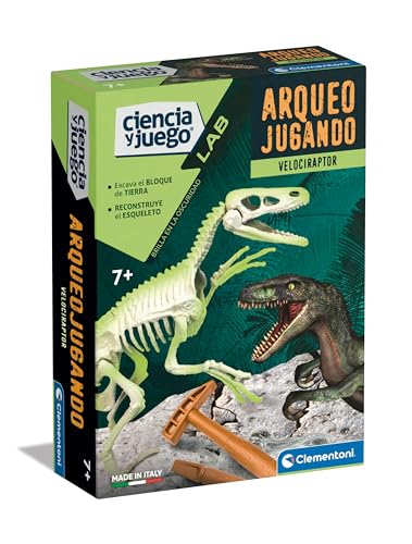 Clementoni 55539 Archäojugando Velociraptor phosphoreszierendes Wissenschaftsspiel, zum Zusammenbauen Ihres eigenen phosphoreszierenden Dinosauriers und Entdeckung der Wissenschaft der Archäologie, ab von Clementoni