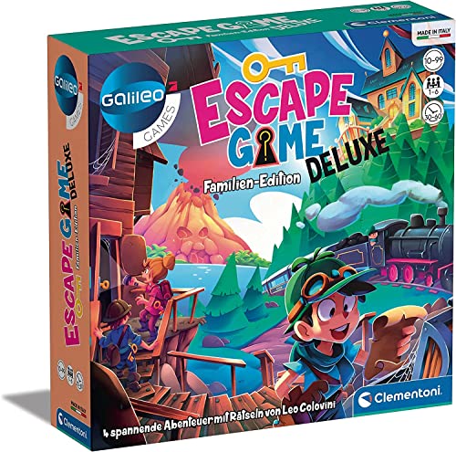 Clementoni 59257 Escape Game – Deluxe, Familien-Edition, Gesellschaftsspiel zum Rätseln, mit 4 Abenteuern, inkl. Hinweiskarten & Requisiten, ideal als Geschenk, Familienspiel ab 10 Jahren von Clementoni