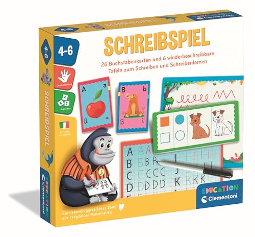 Clementoni Education Schreibspiel - Lernspiel für Kinder ab 4 Jahren - 26 Buchstabenkarten & 6 wiederbeschreibbare Tafeln zum Schreibenlernen von Clementoni