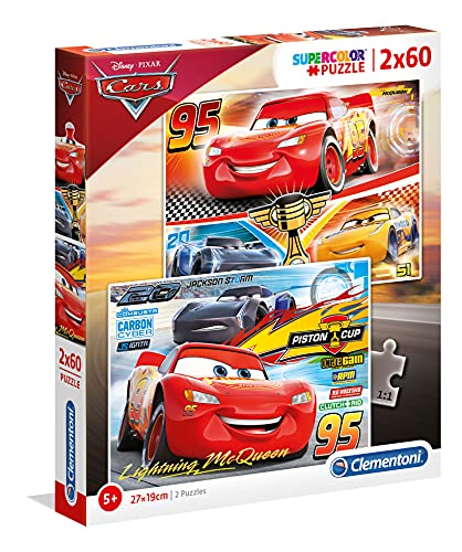 Clementoni 7131 Supercolor Cars 3 – Puzzle 2 x 60 Teile ab 5 Jahren, buntes Kinderpuzzle mit besonderer Leuchtkraft & Farbintensität, Geschicklichkeitsspiel für Kinder von Clementoni