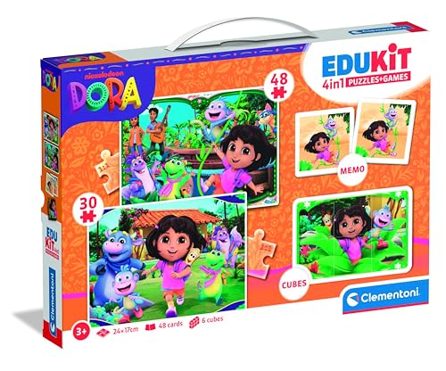 Clementoni Edukit 4 in 1 Dora - Spielesammlung für Vorschulkinder ab 3 Jahren - Inkl. 2 Puzzles, Memo-Spiel & Würfelpuzzle, 18209 von Clementoni