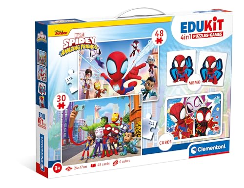 Clementoni Edukit 4 in 1 Spidey and His Amazing Friends (Memo, Puzzle 30 und 48 Stücke, 6 Würfel), pädagogische, für Kinder, Memory und Logik-Spiel, Hergestellt in Italien, Multicolor - 18295 von Clementoni