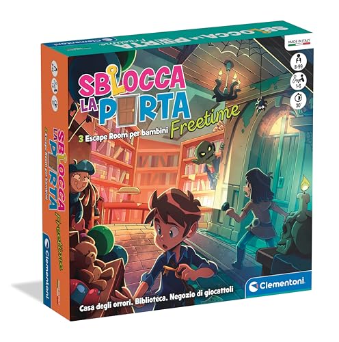 Clementoni - Entriegeln Sie die Tür Freetime, Tischspiel, Escape Room für Kinder ab 8 Jahren und Erwachsene, 3 lustige Orte, 1-6 Spieler, Geschenkidee, hergestellt in Italien, Sprache von Clementoni