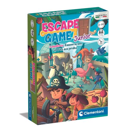 Clementoni Escape Game Pocket Junior-Zoo & Piraten | 48 Karten + 26 Gegenstände + 1 Handbuch | 6 Jahre | 52813, Mehrfarbig von Clementoni
