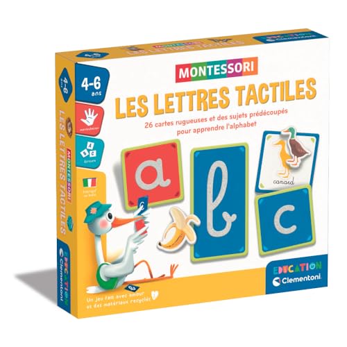 Montessori – Clementoni – Die taktilen Buchstaben – Lernspiel zum Lernen des Alphabets – 26 rugeöse Buchstabenkarten – Würfel 3 a von Clementoni