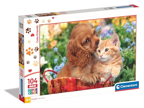 Clementoni 25763 Supercolor Cute Friends – 104 Maxi Teile Kinder 4 Jahre, Puzzle Tiere, Hunde, Katze, Made in Italy, Mehrfarbig von Clementoni