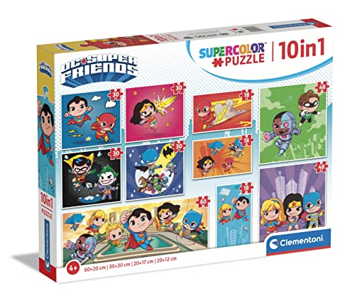 Clementoni 20272 18 + 30 + 48 + 60 Supercolor 10 In 1 Dc Comics-Kinderpuzzle 10 in 1 (3x18, 4x30, 2x48 und 1x60 Teilen) -Puzzle Für Kinder Ab 4 Jahren, Made In Italy, Mehrfarbig, Medium von Clementoni