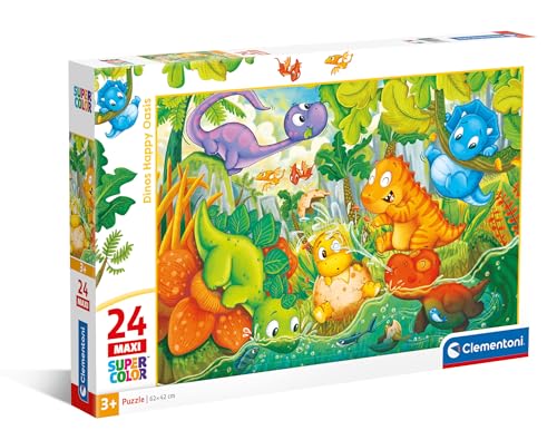 Clementoni 28524 Supercolor Dinos Happy Oasis – 24 Maxi Teile Kinder 3 Jahre, Dinosaurier-Puzzle, Illustration, hergestellt in Italien, Mehrfarbig von Clementoni
