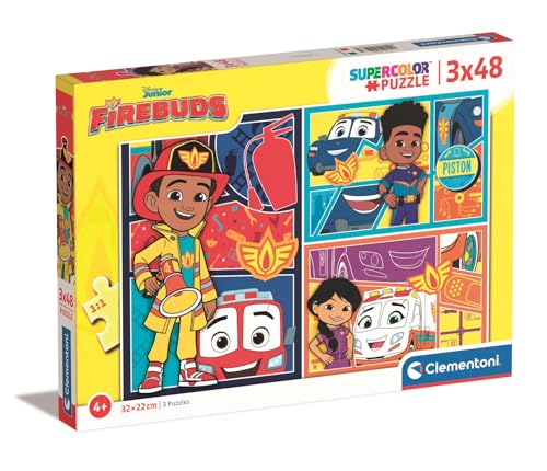 Clementoni - 25283 - Supercolor Puzzle - Disney Firebuds - 3 Puzzle mit 48 Teile Ab 5 Jahren, Buntes Kinderpuzzle Mit Besonderer Leuchtkraft & Farbintensität, Geschicklichkeitsspiel Für Kinder von Clementoni