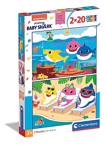 Clementoni 24777 Supercolor Baby Shark – Puzzle 2 x 20 Teile ab 3 Jahren, buntes Kinderpuzzle mit besonderer Leuchtkraft & Farbintensität, Geschicklichkeitsspiel für Kinder von Clementoni