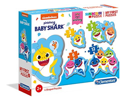 Clementoni 20828 Supercolor Baby Shark – Puzzle 3 + 6 + 9 + 12 Teile ab 2 Jahren, buntes Kinderpuzzle mit besonderer Leuchtkraft & Farbintensität, Geschicklichkeitsspiel für Kinder von Clementoni