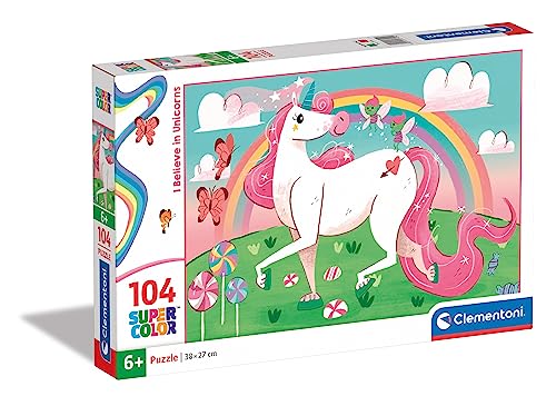 Clementoni 27109 Supercolor Unicorns – Puzzle 104 Teile ab 6 Jahren, buntes Kinderpuzzle mit besonderer Leuchtkraft & Farbintensität, Geschicklichkeitsspiel für Kinder von Clementoni