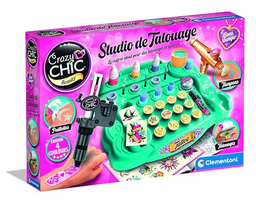 Clementoni | Tattoo-Studio | Tattoo-Maschine für Kinder 8 Jahre + | Komplettes Set Temporäre Tattoos | Schablonen, Körperfarben & Transfers | Einfache & sichere Kreation | Kreative Geschenkidee von Clementoni