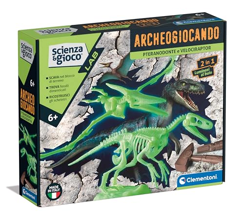 Clementoni - Wissenschaft Lab-Archäogiospiel Pteranodon und Velociraptor-Dinosaurier, Fossilien-Set zum Graben und Zusammenbauen, wissenschaftliches Spiel 7 Jahre, auf Italienisch, Made in Italy, von Clementoni