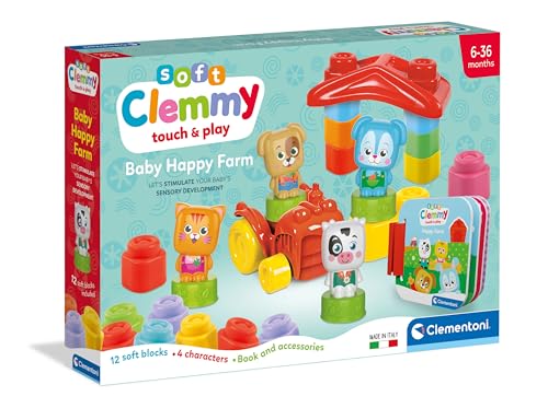 Clementoni - 17884 - Soft Clemmy - Baby Happy Farm - Bauset für die erste Kindheit, weiche Clemmy-Steine, Blöcke für Kinder 6 Monate, sensorisches Spiel, waschbar, Made in Italy von Clementoni