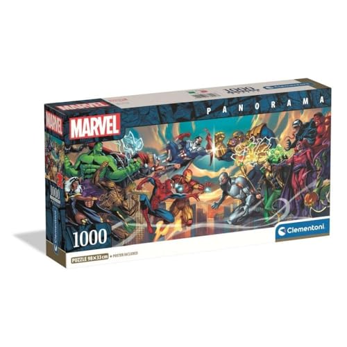Clementoni Puzzle Panorama Marvel Heros VS Villains 1000 Stücke, Compact Box - Puzzle für Erwachsene 14-99 Jahre, Geschenk für Mann und Frau, Made in Italy, 37056 von Clementoni