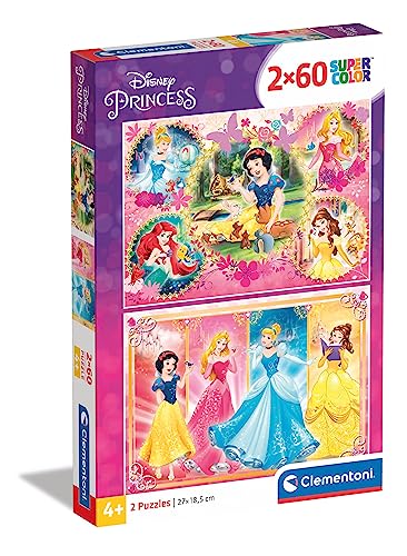 Clementoni 7133 Supercolor Princess – Puzzle 2 x 60 Teile ab 5 Jahren, buntes Kinderpuzzle mit besonderer Leuchtkraft & Farbintensität, Geschicklichkeitsspiel für Kinder von Clementoni