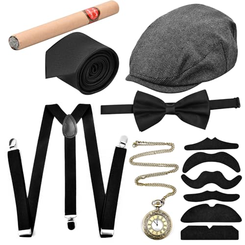 20er Jahre Accessoires Herren, Mafia Kostüm, Peaky Blinders, Gangster Set Mit Panama Hut Verstellbar, Hosenträger, Taschenuhr, Fliege, Krawatten, Bärte für Karneval Partys von Cleminsta