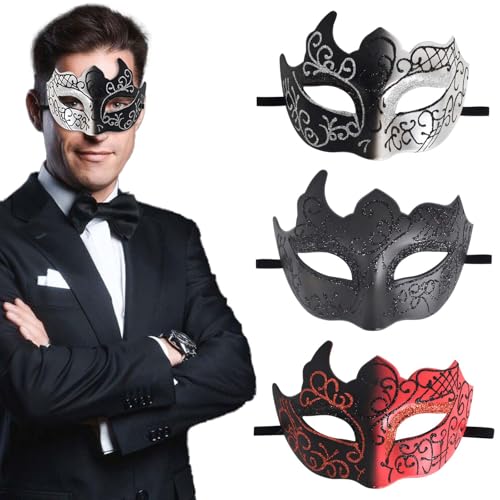 Cleminsta 3 Stück Venezianische Masquerade Maske für Männer - Mit Feder, Cosplay Mardi Gras, Karneval Augenmaske für Halloween und Party Kostüm von Cleminsta