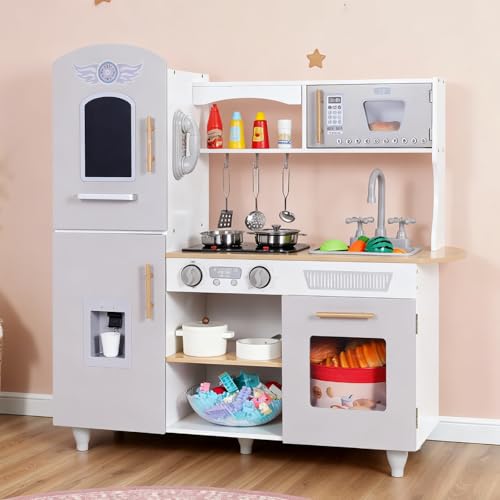 Clevich Kinderküche Holz, Spielküche Holz für Kinder, Puppenküche mit Licht und Sound, 4 PCS Füße Hohe Qualität Rollenspielküche mit Kinderküche Zubehör für Kinder ab 3 Jahren (Grau und Weiß) von Clevich