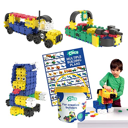 CLICS Konstruktionsspielzeug für Kinder ab 3 Jahre, kreatives Lernspielzeug im 275 Teile Set, Bausteine für Mädchen und Jungen, Montessori STEM-Spielzeug, Eimer 10 in 1, von Clics