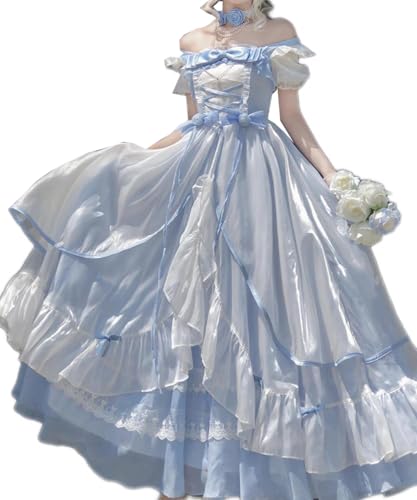 Blaues Prinzessin Lolita Kleid für Damen - viktorianisches Ballkleid mit Puffärmeln, Rüschen und Spitze Cosplay Kostüm, Weiss/opulenter Garten, Small Blaues Prinzessin Lolita Kleid für Damen - viktorianisches Ballkleid mit Puffärmeln, Rüschen und Spitze Cosplay Kostüm, Weiss/opulenter Garten, Small von Clivetalos