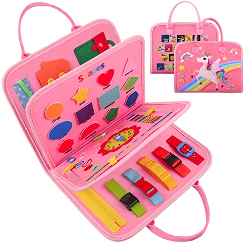Clomnpe Busy Board Activity Board 4-Schichten,Kinderspielzeug ab 1 jahr 3D Filz Quiet Book,Montessori spielzeug ab 1 jahr,Sensorik Spielzeug Vorschul Lernspielzeug,Motorikspielzeug ab 1 2 3 4jahr-Pink von Clomnpe